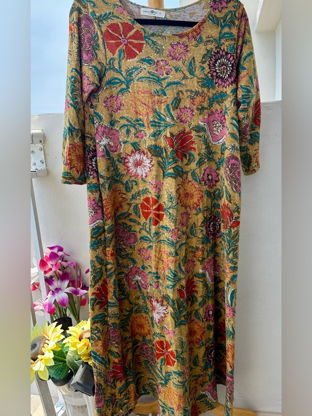 Natural life  Floral Print Mustard Midi Dress with 3/4 Sleeves - Picture 2 of 4